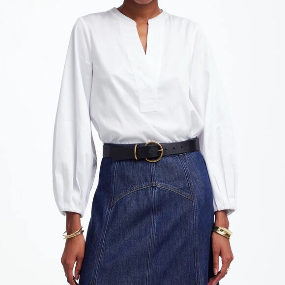 Madewell V Neck Long Bubble Sleeve Top Eyelet White Cotton Shirt Stretchy Small - Picture 1 of 8